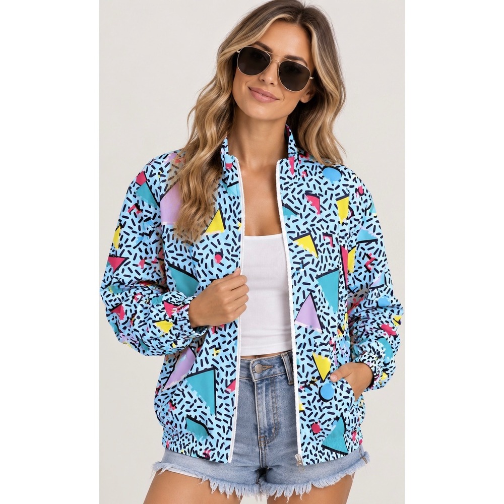 NWT Unisex 80s 90s Retro Windbreaker Jacket Geometric Memphis Print XL